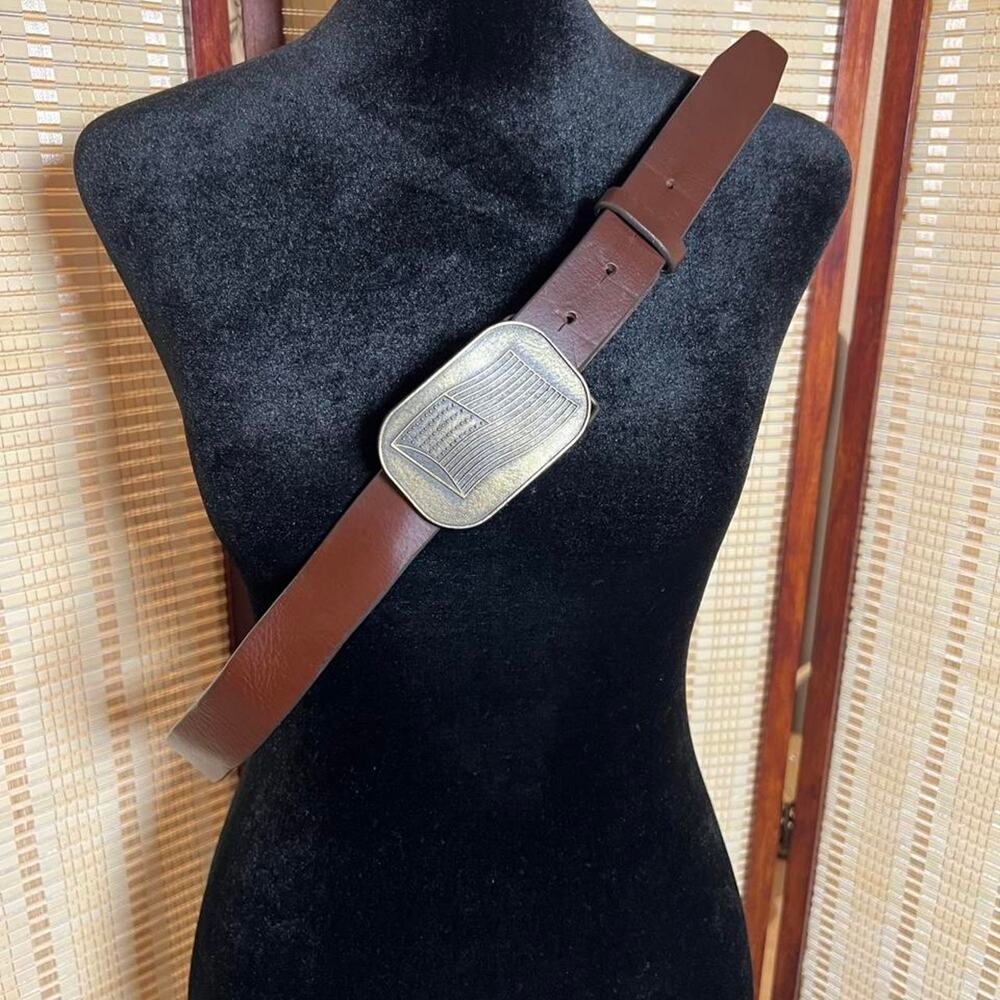Vintage American Flag Buckle Brown Leather Belt XL